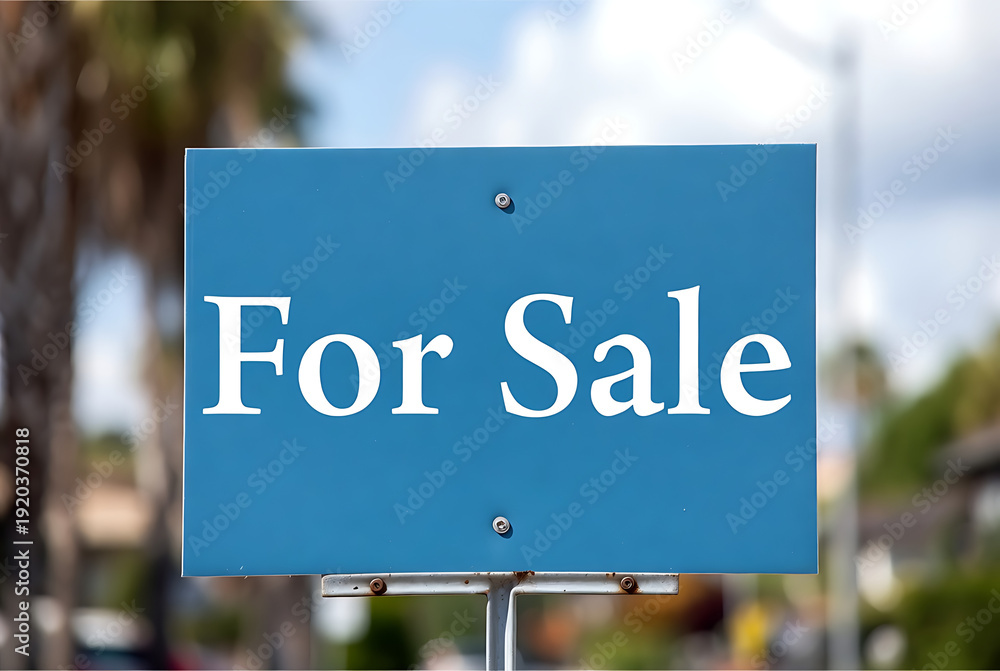 Fototapeta premium Sign blue rectangular with 'For Sale' text, attached to metal post, outdoors. featuring real estate, property, advertisement with marketing and promotion elements for business, commerce projects,