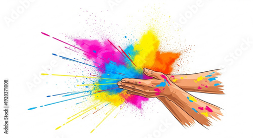 Hands releasing colorful paint splatters in a vibrant explosion of creativity and freedom
