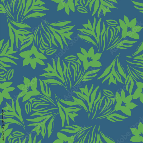 Seamless floral pattern, gentle ditsy print of small plants with a rustic motif. Cute botanical design, romantic background: tiny hand drawn flowers, leaves, bouquets on a green field. Vector.