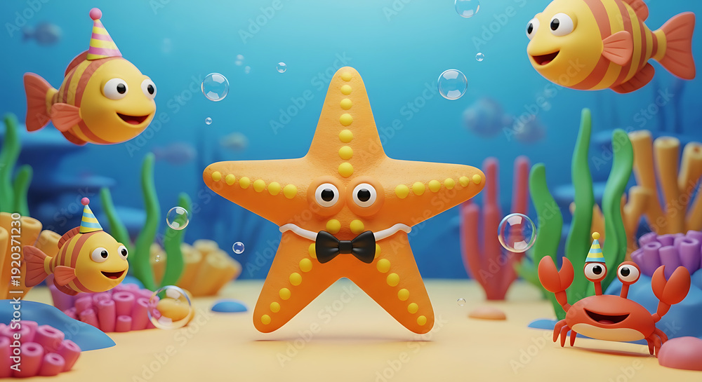Naklejka premium Happy Starfish with Friends Underwater