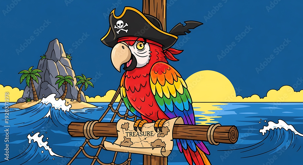 Naklejka premium Colorful parrot wearing pirate hat on a ship mast
