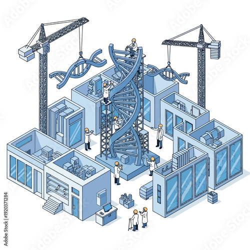 Isometric illustration of a biotechnology laboratory with workers and cranes.