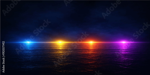 Beautiful abstract blue background with light rays shining over a sunset sea where the orange sky meets the horizon of a calm ocean nature landscape at dusk