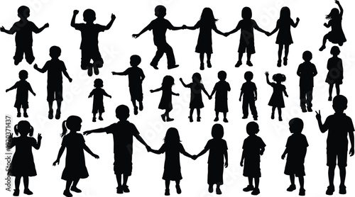 Black silhouettes of children in various poses kids jumping