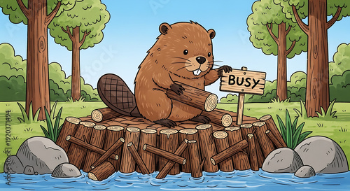 Beaver on Log Pile with Busy Sign