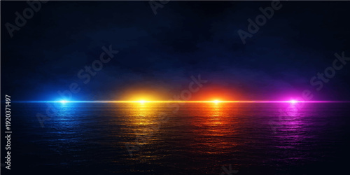 An abstract blue background with glowing lights reflects a beautiful sunset over the summer sea where orange clouds meet the horizon at dusk