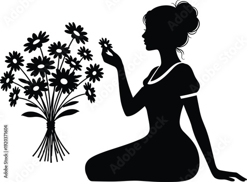Black silhouette of woman holding flower next to bouquet sitting