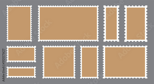 Postage stamps set. Black post stamp frames and borders. Rectangle, square template for mail, postcard, letter, note. Vector zigzag objects for badge, sticker, photo, frame. Vector illustration set