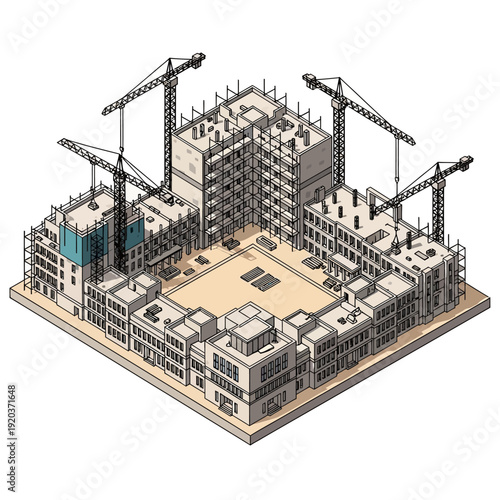 Isometric view of a construction site with multiple cranes and buildings under development.