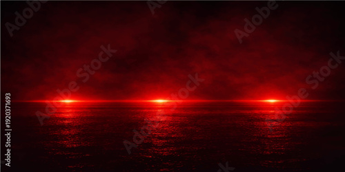An abstract red sunset sky with dramatic orange rays and clouds reflecting over a dark blue sea landscape at dusk with central space for text