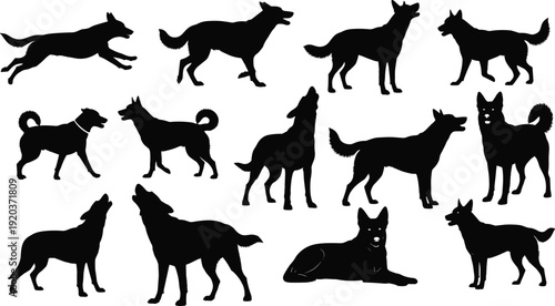 Black silhouettes of dogs in various poses white background