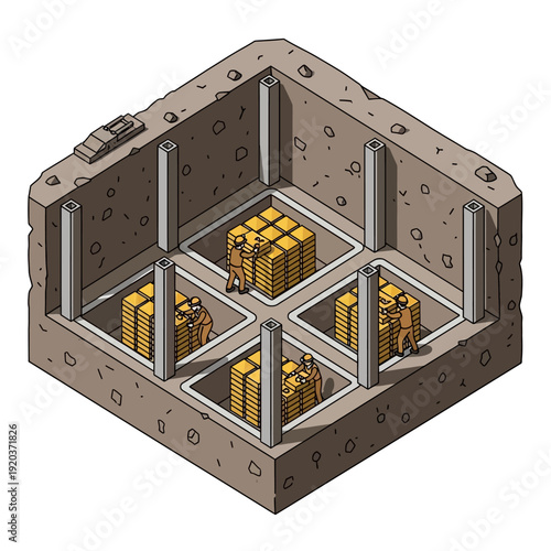 Isometric illustration of a storage facility with crates.
