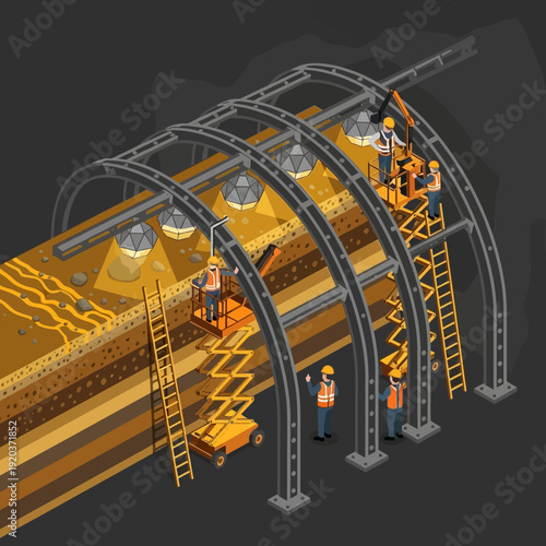 Industrial workers constructing a large tunnel infrastructure project.