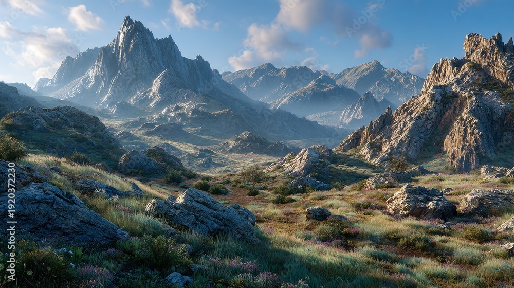 Fototapeta premium Breathtaking Panorama of Morning Wild Nature High in the Mountains