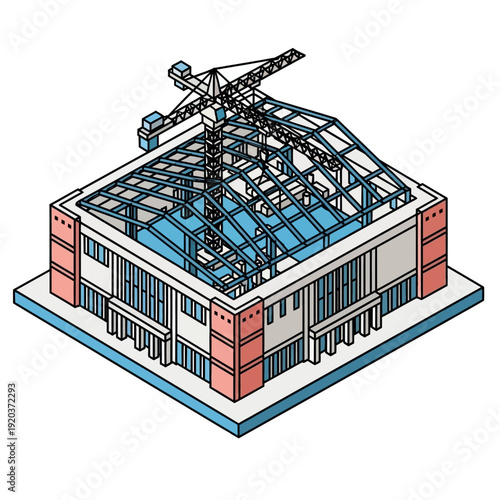 Isometric illustration of a building under construction with crane.