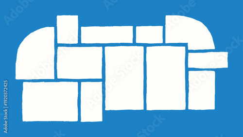 A blue rectangular background features a white abstract composition of variously sized rectangles and squares arranged in a seemingly haphazard pattern.