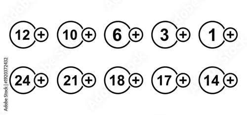 vector logo sets age limit sign, underage restriction, prohibition icon, age icon 1, 3, 6, 12, 14, 17, 18, 21, 24 years and above.