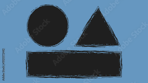 A digital illustration of a black circle, triangle, and rectangle on a blue and white background, creating a simple yet visually striking geometric composition.