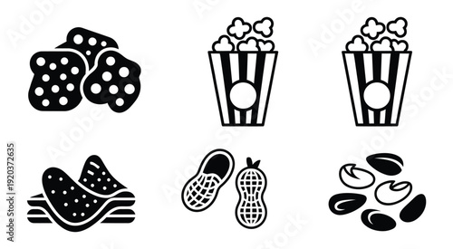 Movie Snacks black and white illustrations, popcorn, nuts, and classic cinema treats in simple vector style