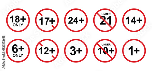 vector logo sets age limit sign, underage restriction, prohibition icon, age icon 1, 3, 6, 12, 14, 17, 18, 21, 24 years and above.