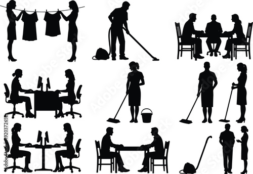 Daily life people silhouette collection, household chores, office work, cleaning service, teamwork, business meeting, lifestyle, routine activities, vector illustration