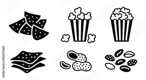 Movie Snacks black and white illustrations, popcorn, nuts, and classic cinema treats in simple vector style