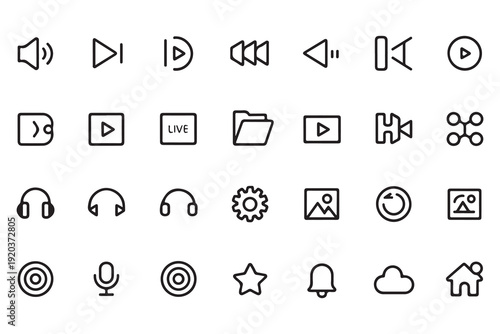 Media playback and system interface outline icons for mobile application or website dashboard design project