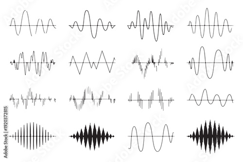 Selection of abstract sound waveforms and audio signal graphics, digital sound visualization for technology