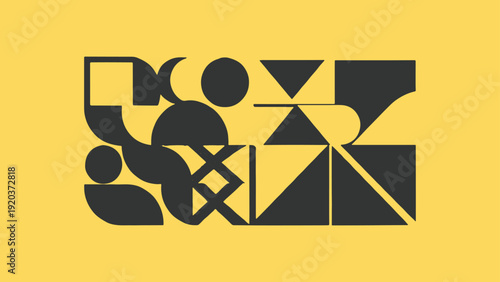 Modern abstract geometric pattern composed of various black and yellow shapes including squares, circles, and stylized elements arranged in a dynamic, interlocking design