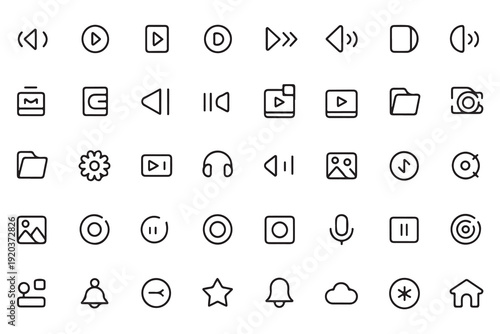 Multimedia user interface icons set with outline symbols for video player control navigation and settings