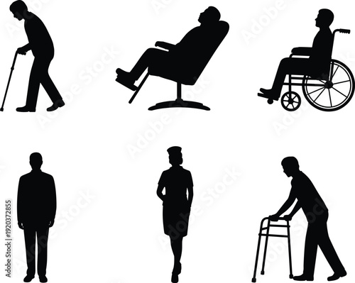 Elderly and disabled people silhouettes set, senior man with cane, wheelchair user isolated on white background illustration