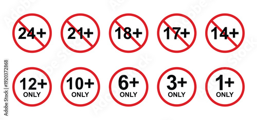 vector logo sets age limit sign, underage restriction, prohibition icon, age icon 1, 3, 6, 12, 14, 17, 18, 21, 24 years and above.