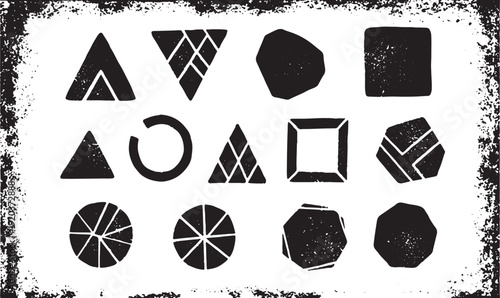 Hand drawn distressed geometric set icons on transparent background featuring various black shapes like triangles polygons and segmented circles with rough ink textures and grunge style