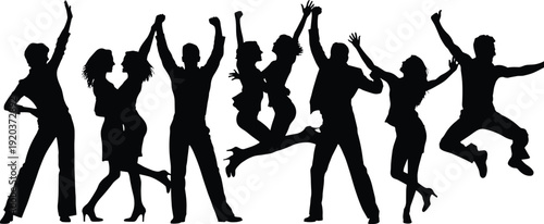 Dancing people silhouettes, party celebration crowd, jumping friends group, nightlife event, happy youth movement, music festival concept, black vector illustration