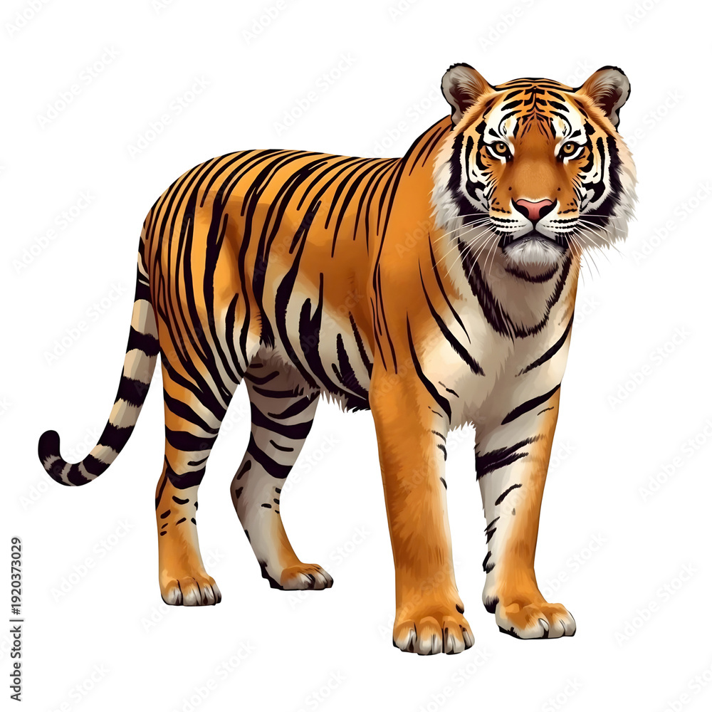 Obraz premium Majestic Tiger: A vibrant portrayal of a tiger, its striking stripes and piercing gaze exuding raw power and beauty, capturing the essence of the wild.