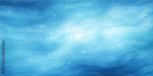 A beautiful summer landscape features a bright blue sky with white clouds reflecting over the calm waves of the deep blue sea and ocean horizon under the natural light of the sun