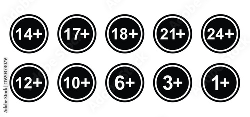vector logo sets age limit sign, underage restriction, prohibition icon, age icon 1, 3, 6, 12, 14, 17, 18, 21, 24 years and above.