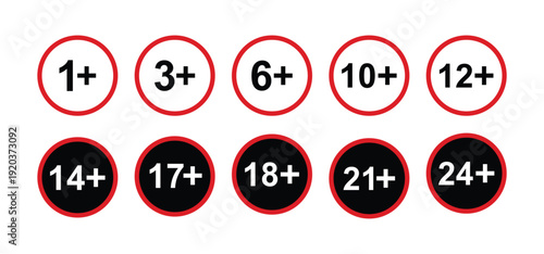 vector logo sets age limit sign, underage restriction, prohibition icon, age icon 1, 3, 6, 12, 14, 17, 18, 21, 24 years and above.
