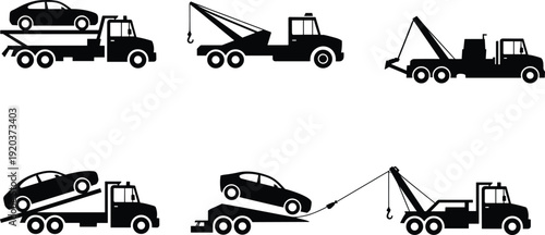 Set of tow truck silhouettes with car loading and recovery service icons, flatbed transporter, roadside assistance vehicles isolated on white background