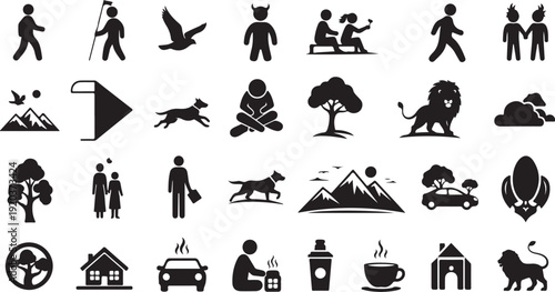 Black Silhouette Icons of People and Nature Activities
