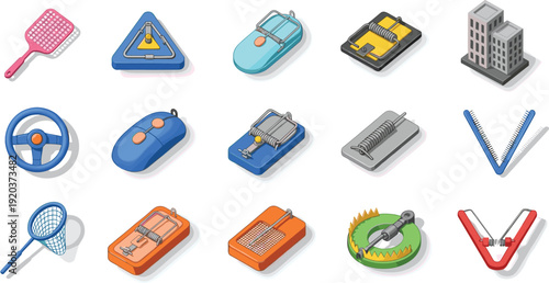 Vector isometric illustration set of various traps including mouse traps fly swatters and mechanical tools for pest control concepts