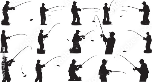 Silhouette of men fishing in various poses and actions