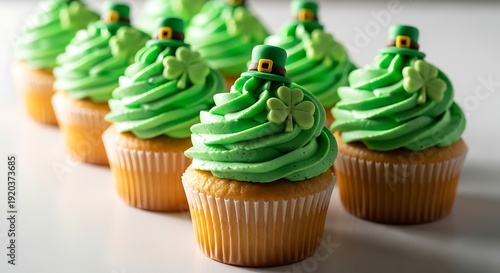 Delicious cupcakes with green frosting and shamrock decorations for St. Patrick's Day celebration.