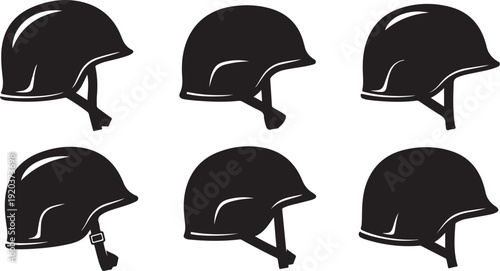 Collection of black motorcycle helmets in various positions