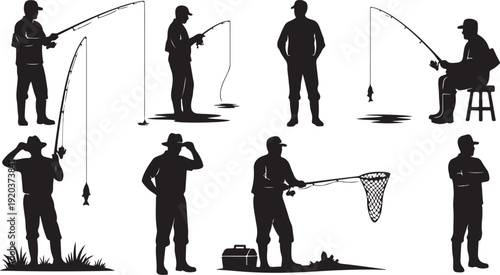 Silhouette of men fishing in various poses and actions
