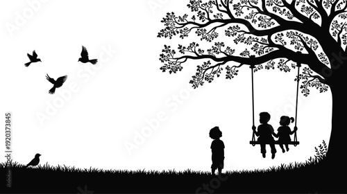 Silhouette of children playing on tree swing at sunset with birds flying, nostalgic childhood friendship scene, black and white vector illustration nature landscape