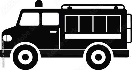 Fire truck silhouette illustration, emergency rescue vehicle icon, black vector fire engine design isolated on white background graphic
