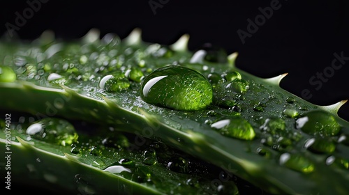 Vibrant aloe vera leaf with refreshing water droplets on dark background
