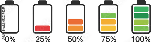 Cad drawing flat vector illustration, battery charge icons set, energy levels, power indicator, colorful status bars, device electricity, technology design graphic