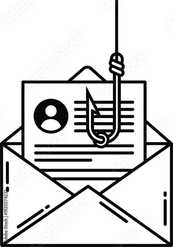 Vector line art illustration of an email phishing attack with a fishing hook stealing personal data and documents।